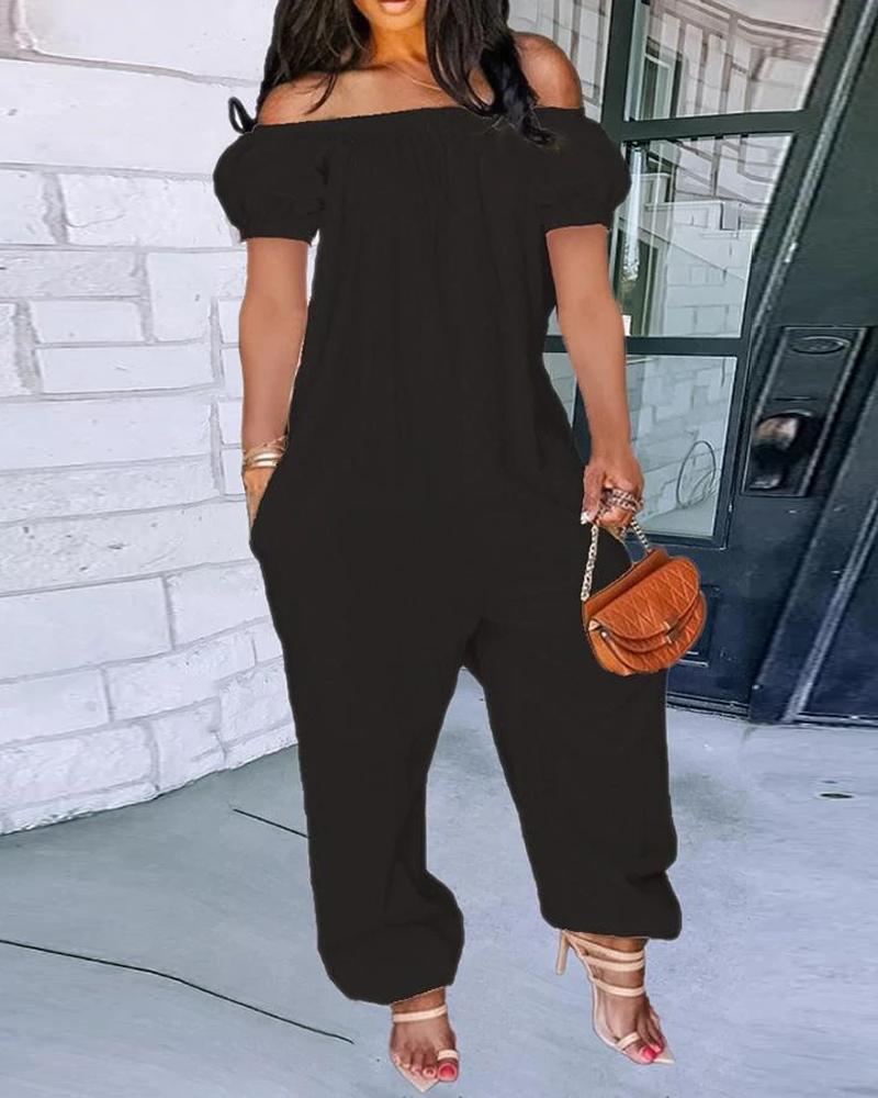 

Pocket Detail Off Shoulder Cuffed Jumpsuit, Black