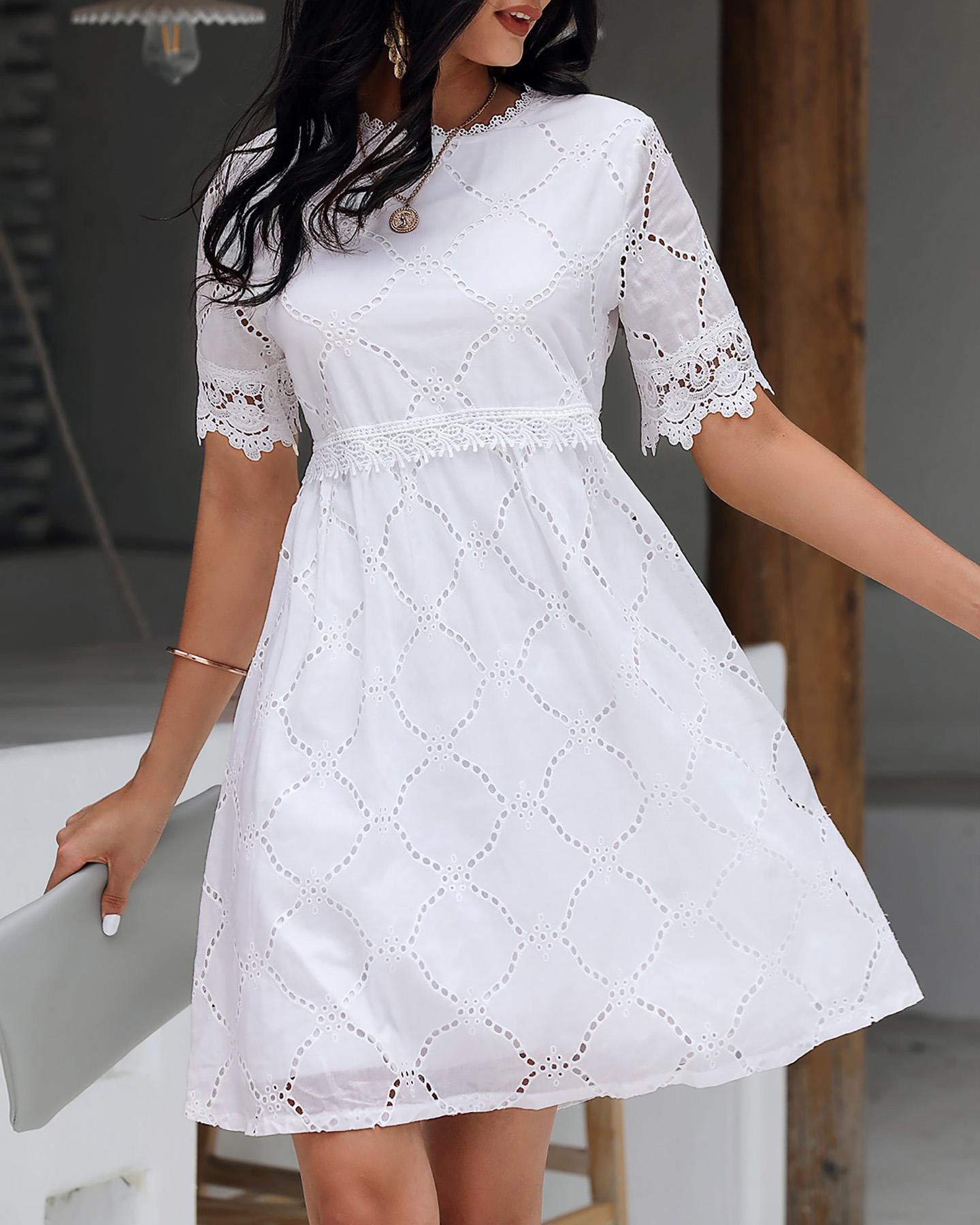 

Eyelet Embroidery Lace Patch Casual Dress, White