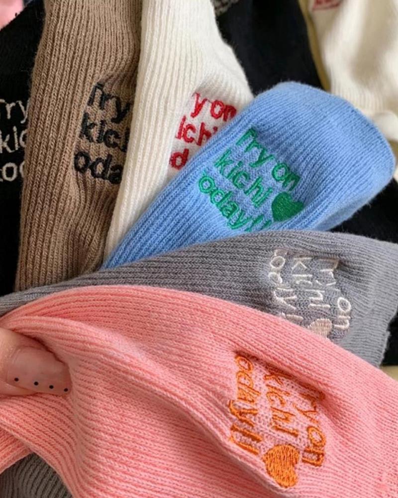 

1Pair Slogan Pattern Knit Crew Socks, Pink