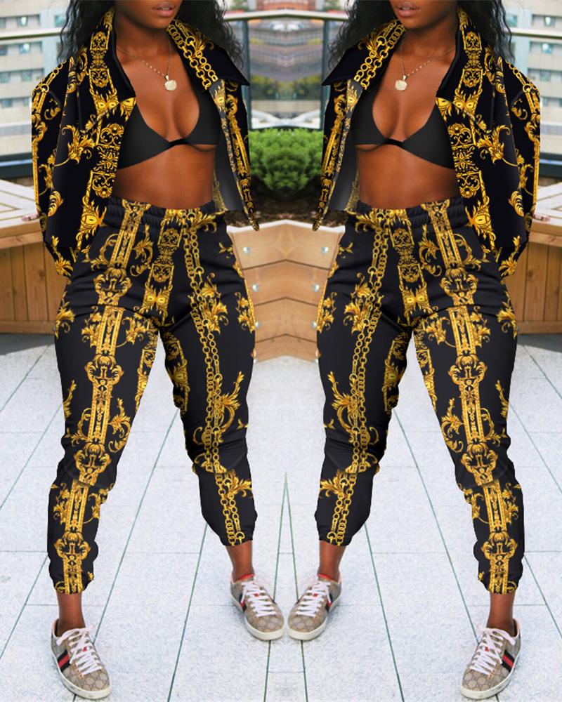 

Scarf Print Long Sleeve Coat & Shirred Pants Set With Bralette, Black