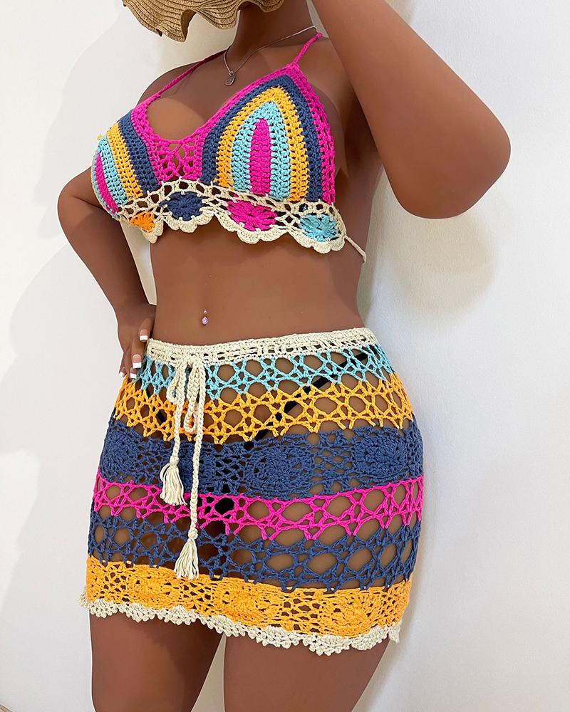

Colorblock Crochet Cover Up Bikini Top & Skirt Set, Multicolor