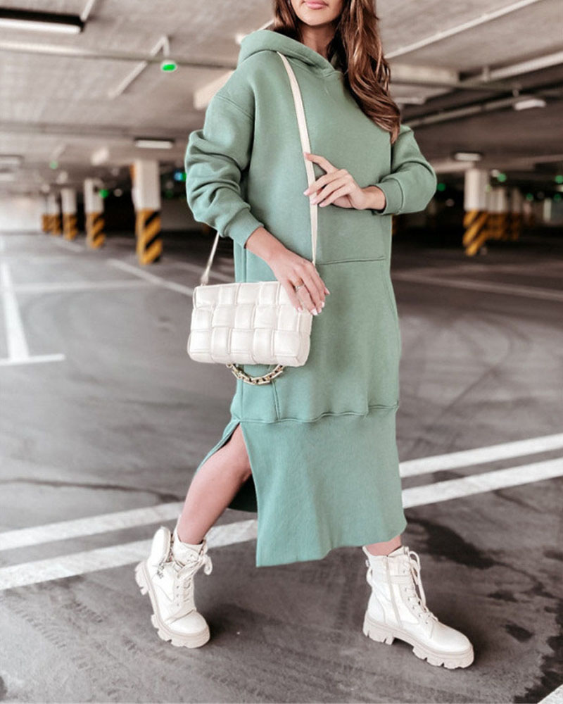 

Long Sleeve Split Hem Hooded Sweatshirt Dress, Green