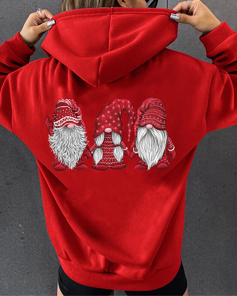 

Christmas Gnomes Print Long Sleeve Hoodie, Red