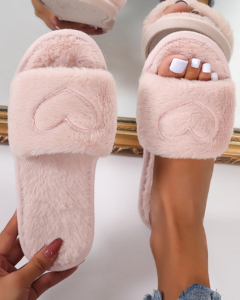

Fuzzy Heart Pattern Slippers, Pink