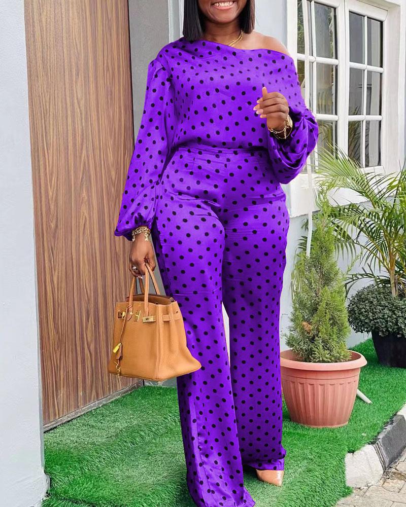 

Polka Dot Print Lantern Sleeve Top & Pants Set, Purple