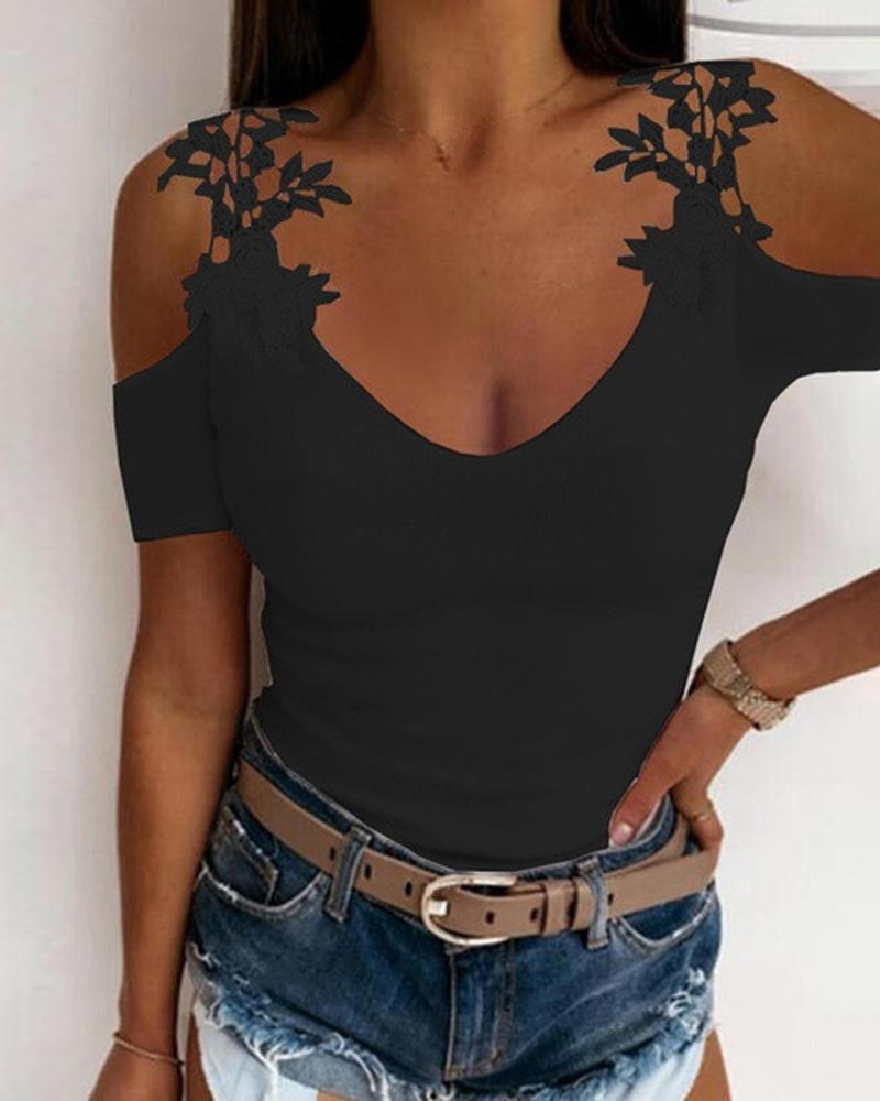 

Contrast Lace Cold Shoulder Top, Black