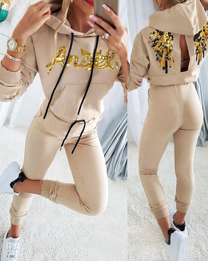 

Angel Print Contrast Sequin Cutout Hoodie & Pants Set, Khaki