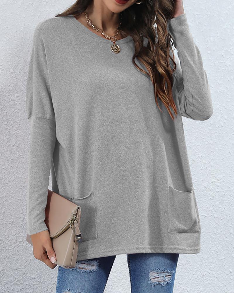 

Plain Pocket Design Long Sleeve Top, Gray