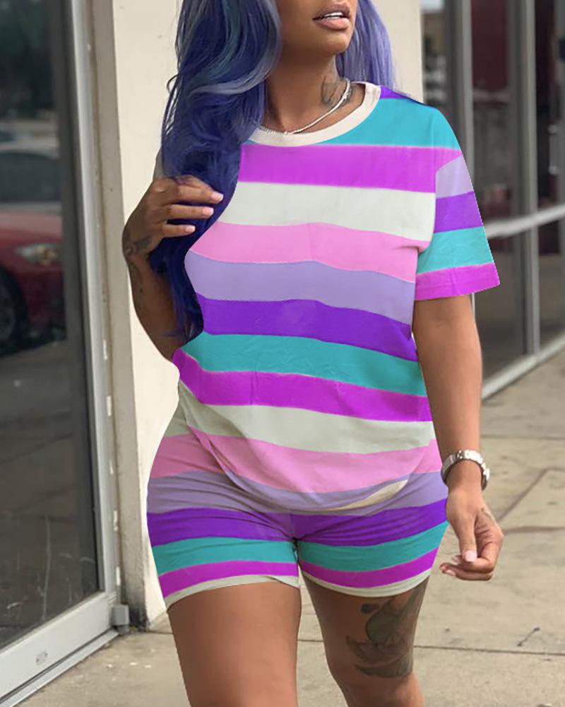

Colorful Striped Short Sleeve Top & Short Set, Purple