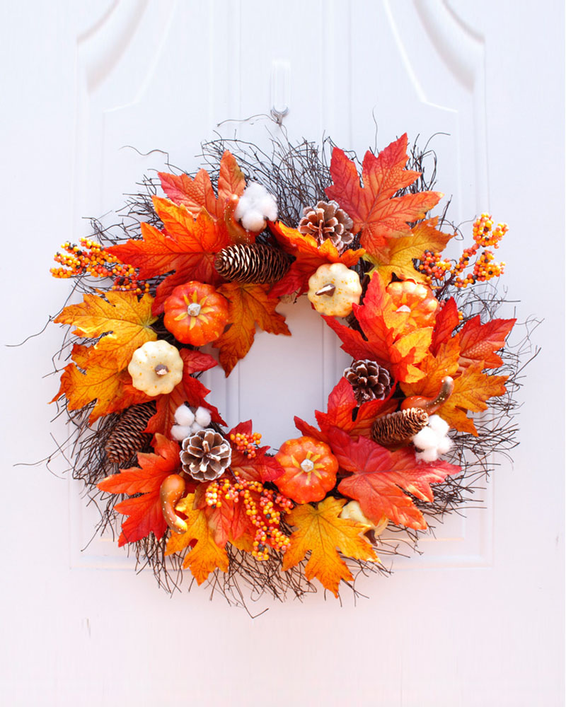 

Fall Wreath Autumn Harvest Wreaths Maple Leaf Pumpkin Pine Cones Wreath For Front Door Halloween Thanksgiving Festival Decoration, Orange