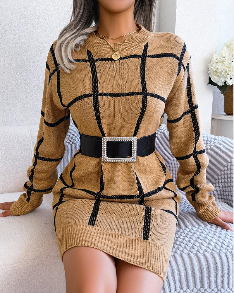 

Plaid Pattern O-neck Casual Sweater Dress, Khaki