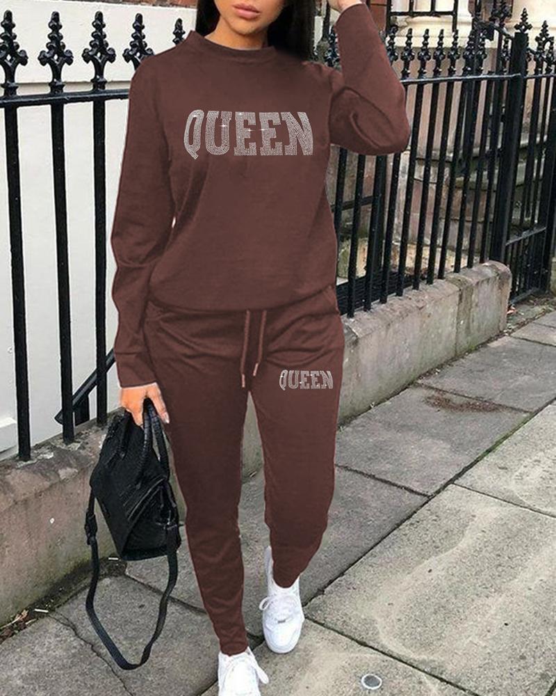 

Plus Size Rhinestone Letter Pattern Sweatshirt & Drawstring Pants Set, Brown