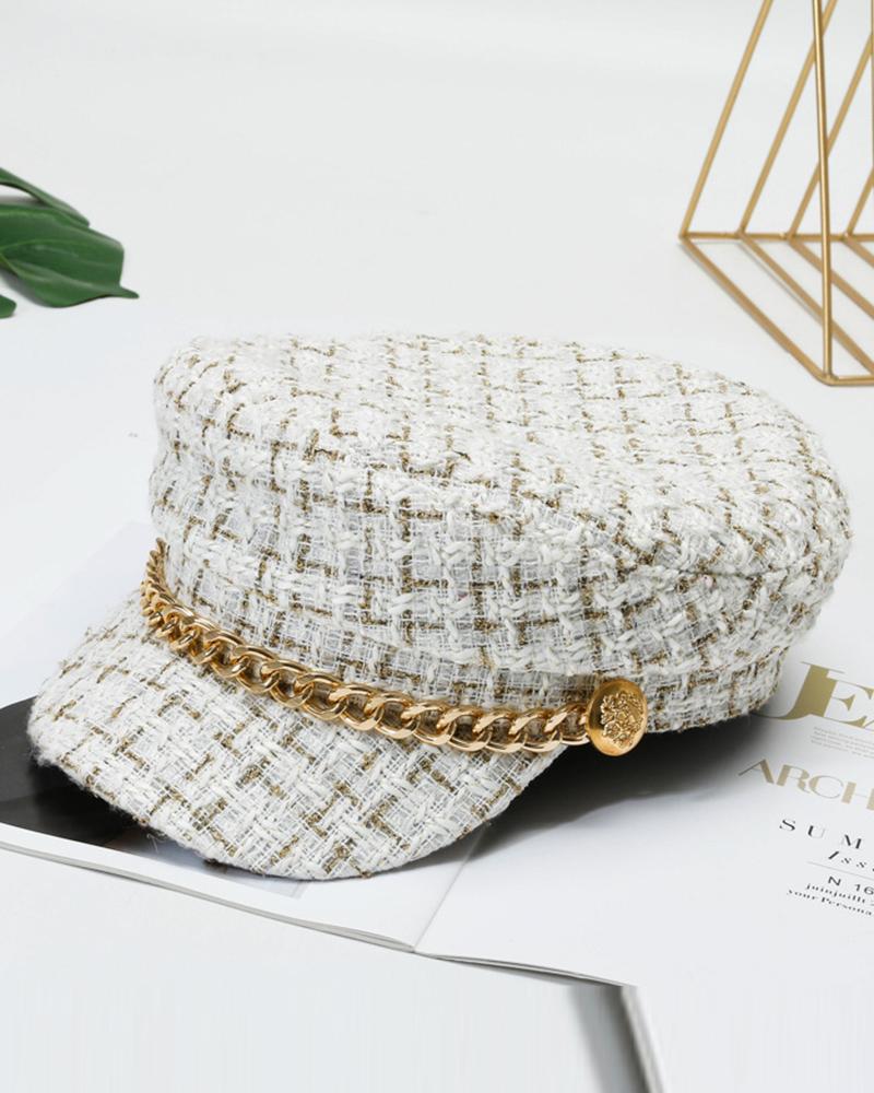 

Trendy Tweed Chain Decor Peaked Cap, White