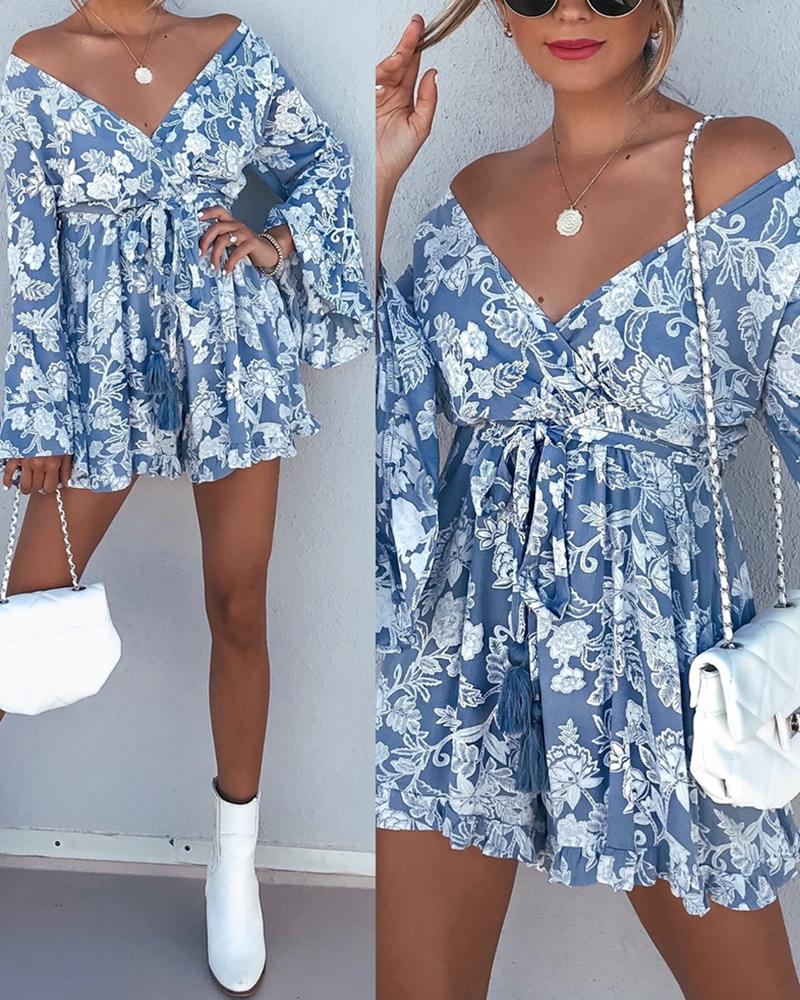 

Floral Print Bell Sleeve Ruched Dress, Lighted blue