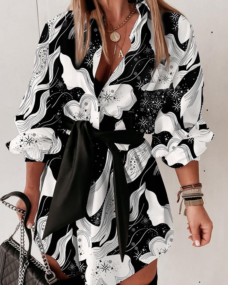 

Graphic Print Long Sleeve Shirt Dress With Belt, White
