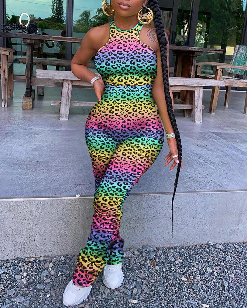 

Leopard Print Halter Color Block Jumpsuits, Multicolor