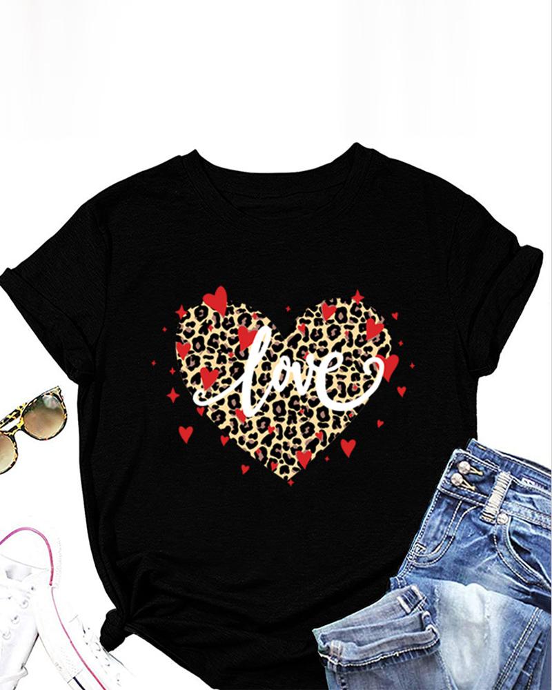 

Valentine' Day Heart Letter Cheetah Print O-Neck T-shirt, Black