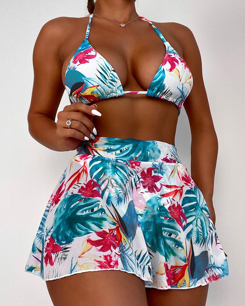 

3PCS Halter Tropical Print Bikini Set With Cover Up, White