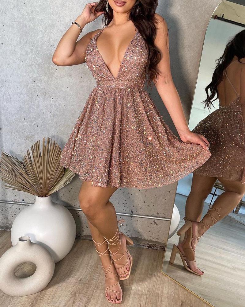 

Deep V-Neck Allover Sequin Dress, Rose gold