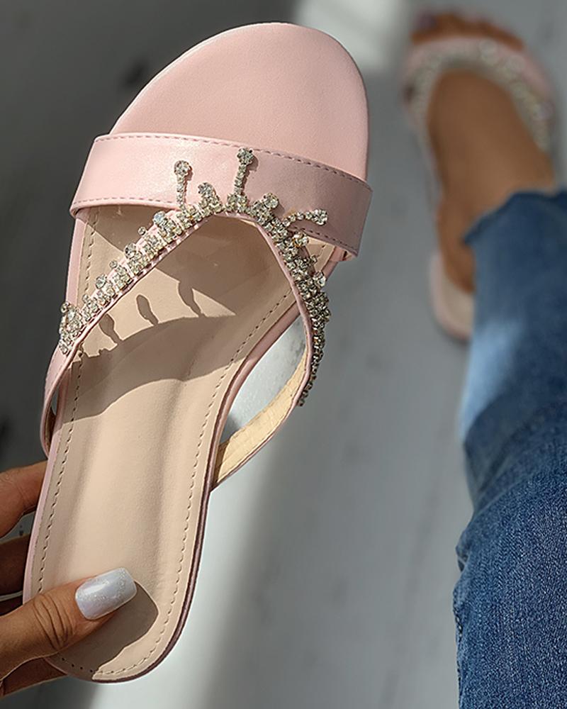 

Rhinestone Cutout Open Toe Flat Slippers, Pink