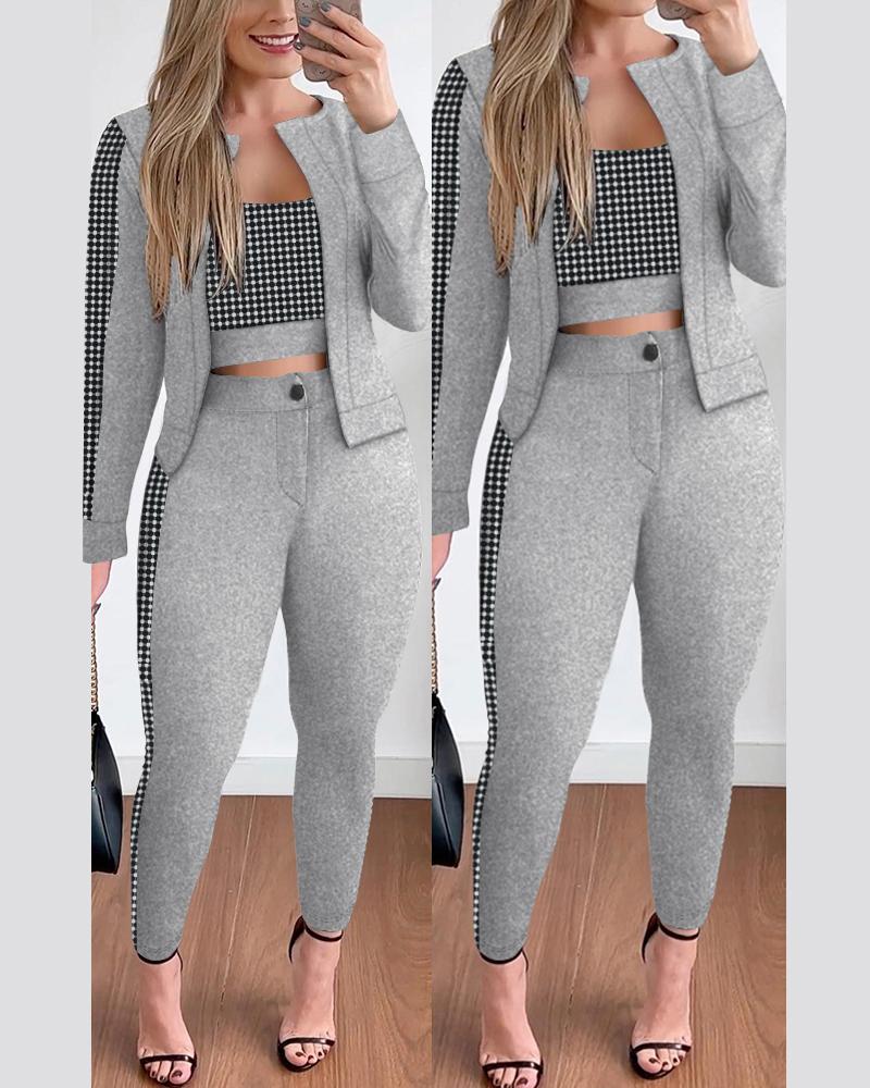 

3PCS Plaid Print Contrast Paneled Crop Top & Pants Set With Coat, Gray