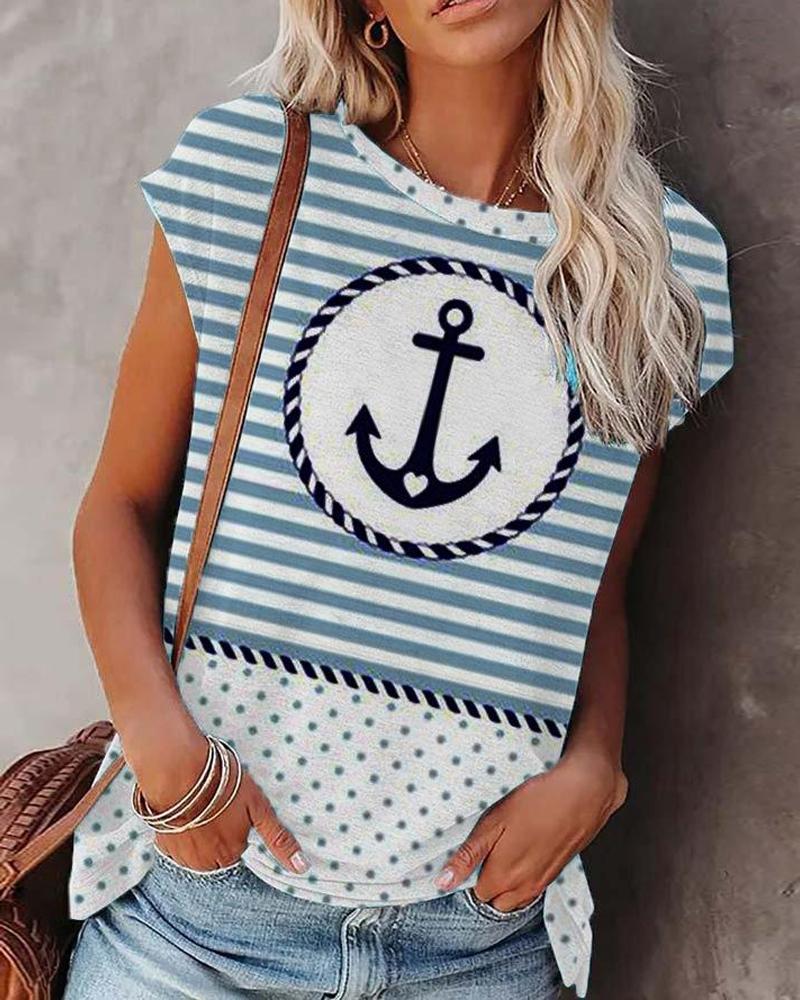 

Striped Anchor Polka Dot Print Casual T-shirt, Blue