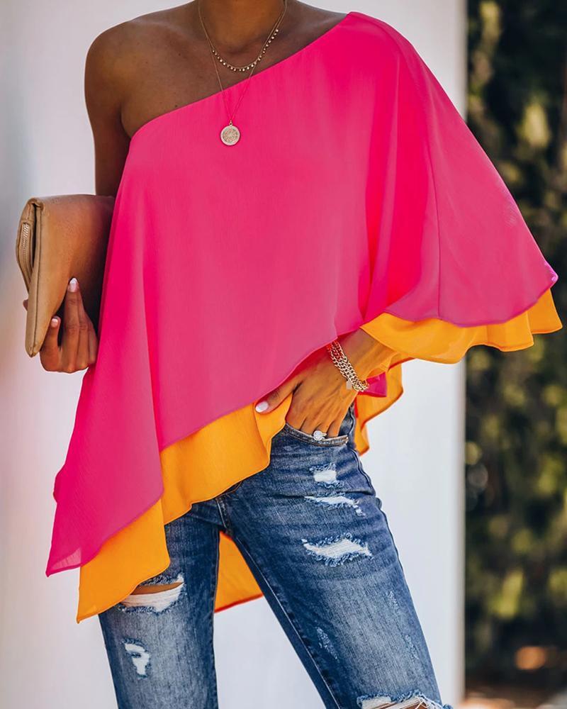 

One Shoulder Ruffles Asymmetrical Top, Hot pink