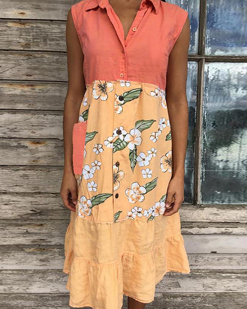 

Floral Print Colorblock Button Design Casual Dress, Style1