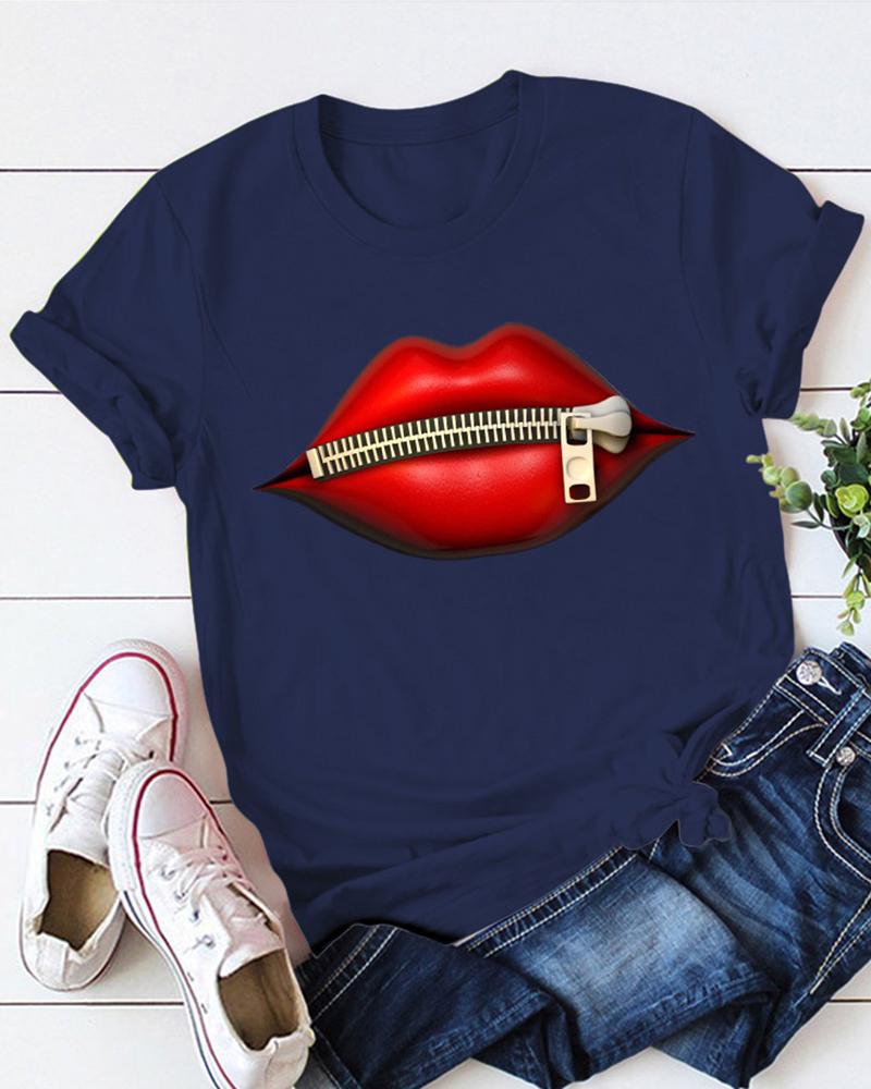 

Zipper Lip Print Short Sleeve T-Shirt, Dark blue