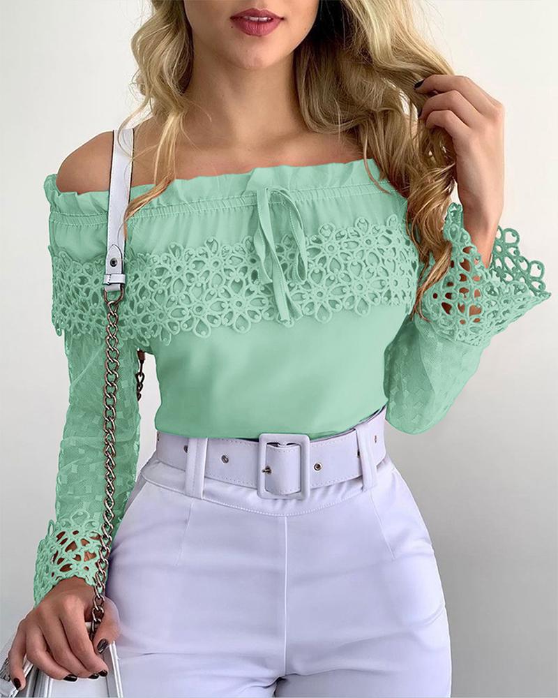 

Off Shoulder Guipure Lace Frill Hem Drawstring Top, Light green