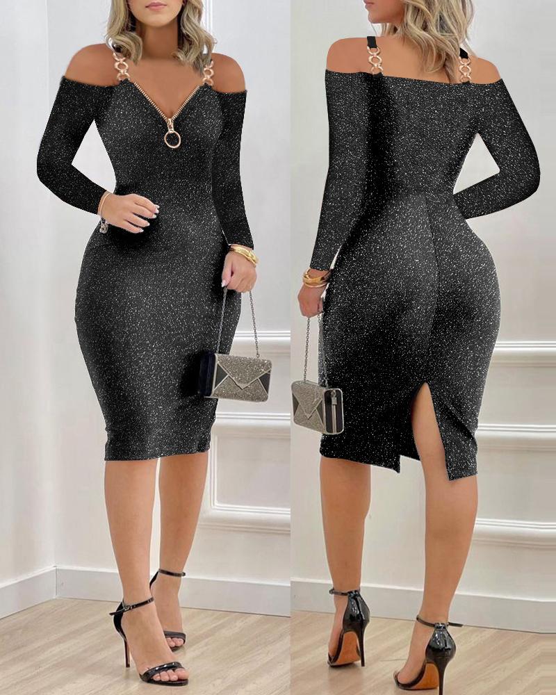 

Chain Strap Cold Shoulder Glitter Party Dress, Black