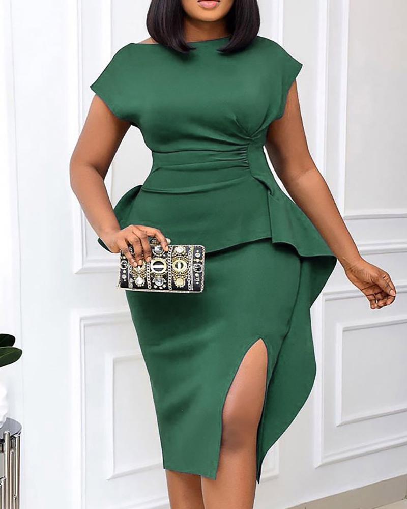 

Ruffle Hem Short Sleeve Slit Work Dress, Green