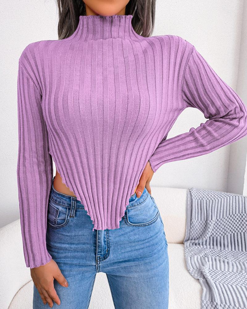 

Long Sleeve Asymmetrical Hem Sweater, Purple
