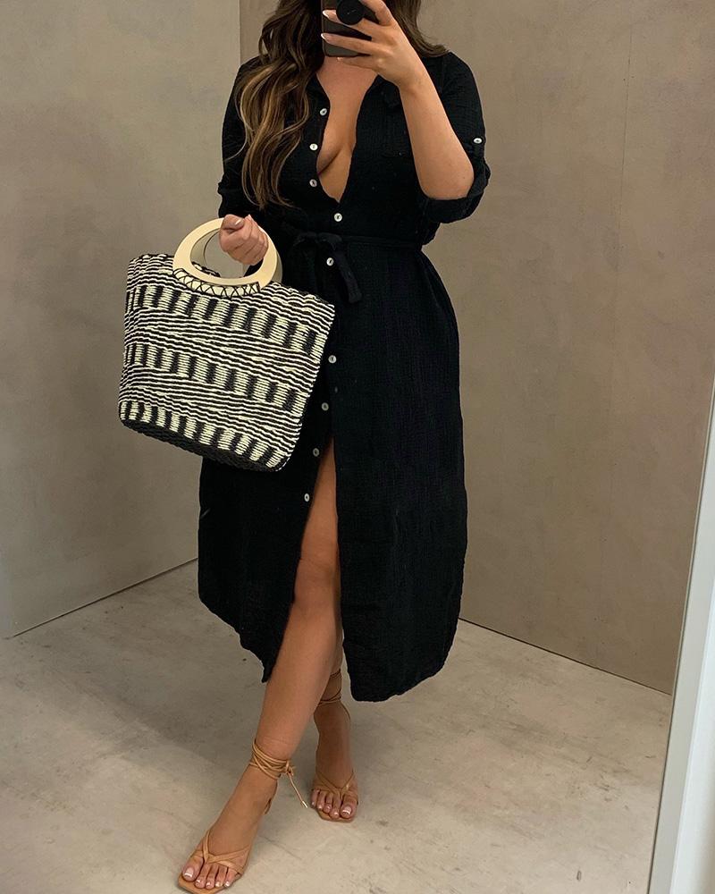 

Button Design Short Sleeve Shirt Dress, Black