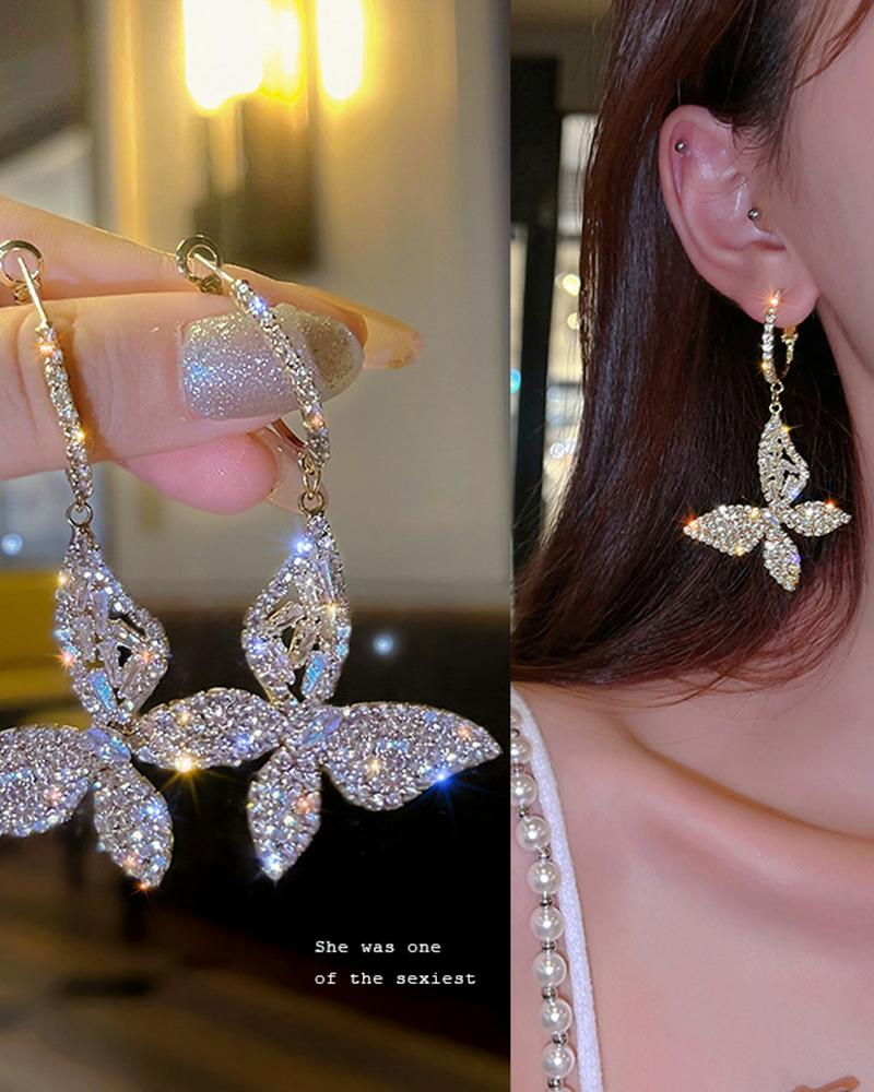 

1Pair Sparkling Rhinestone Butterfly Drop Earrings, Silver