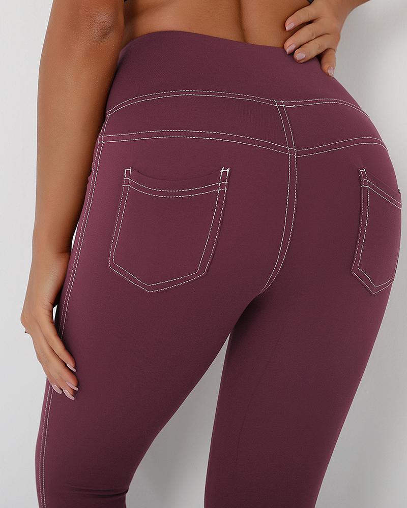 

Pocket Design High Waist Seamless Leggings Butt Lift Stretchy Yoga Pants, Wine red