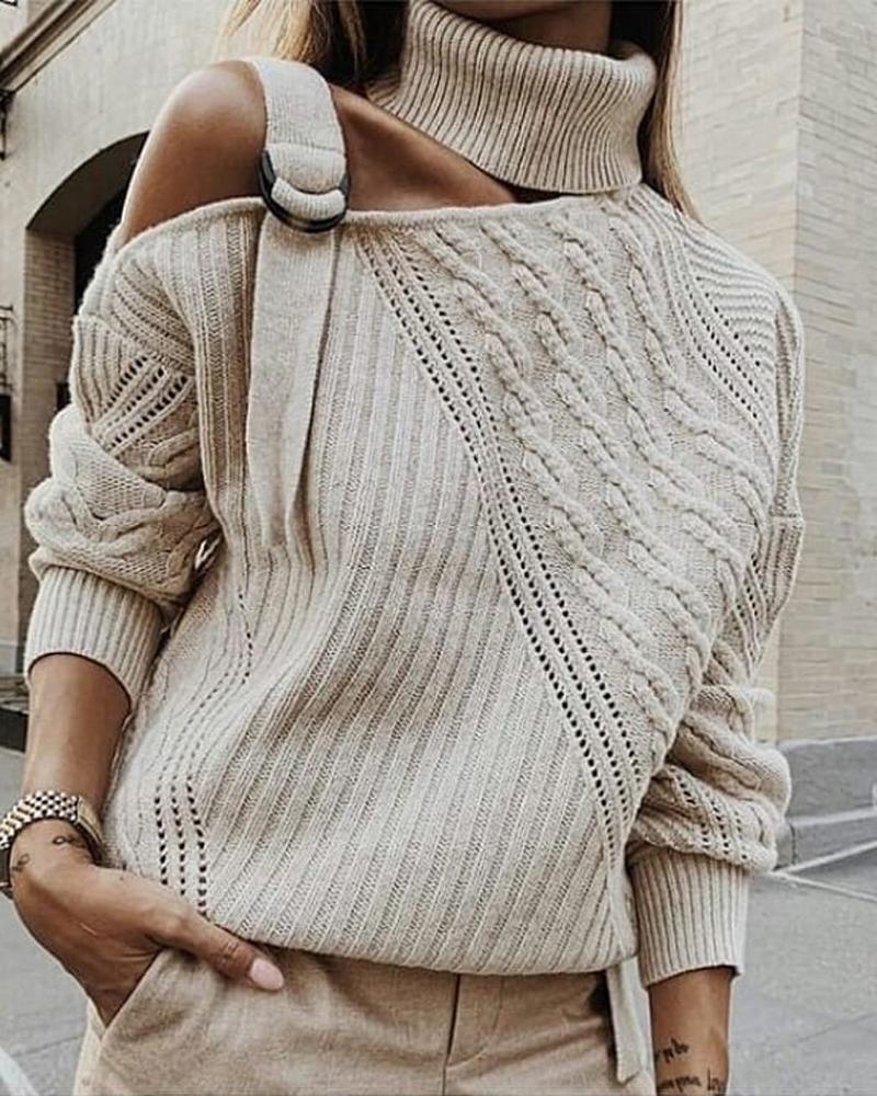 

One Shoulder Buckled Knit Hollow Out Sweater, Khaki