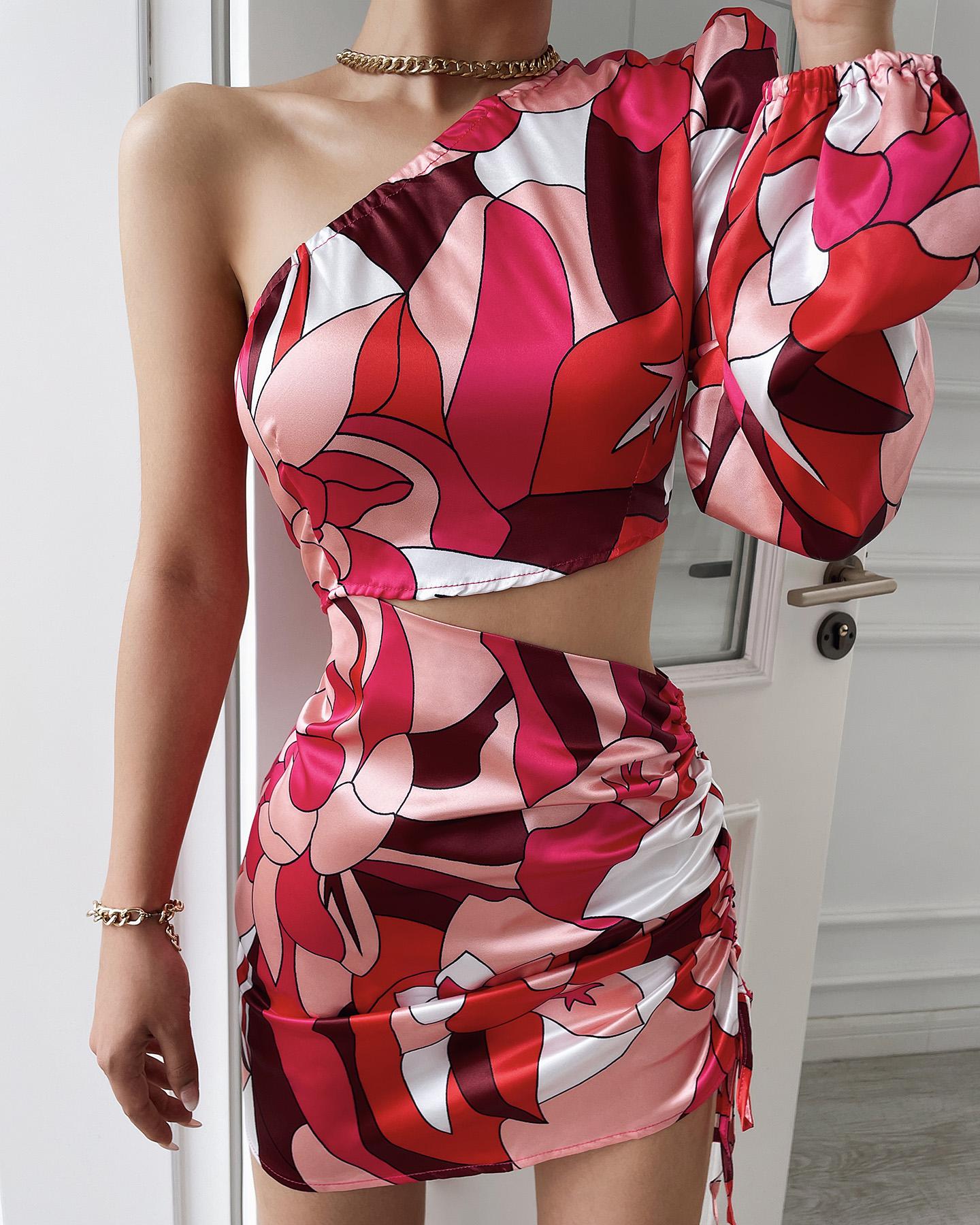 

Abstract Print One Shoulder Puff Sleeve Crop Top & Ruched Skirt Set, Multicolor