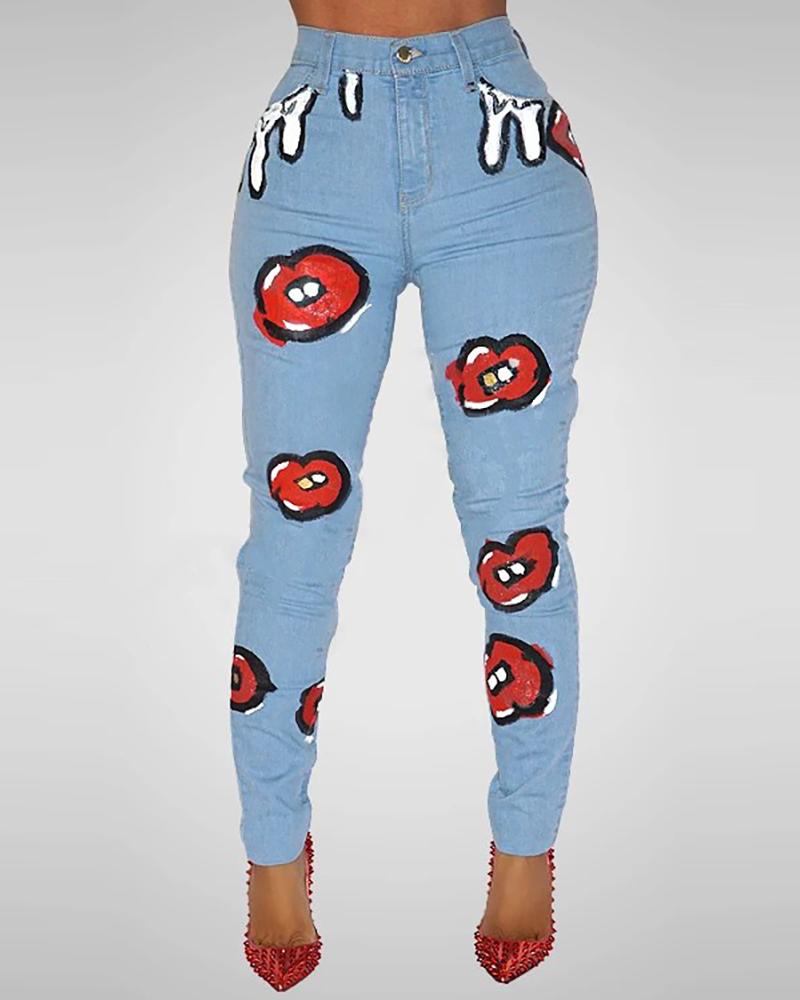 

Lip Pattern High Waisted Button Design Jeans, Blue