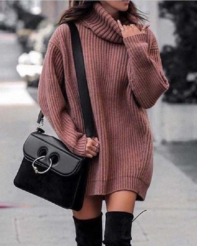 

Long Sleeve Turtleneck Chunky Knit Sweater Dress, Pink