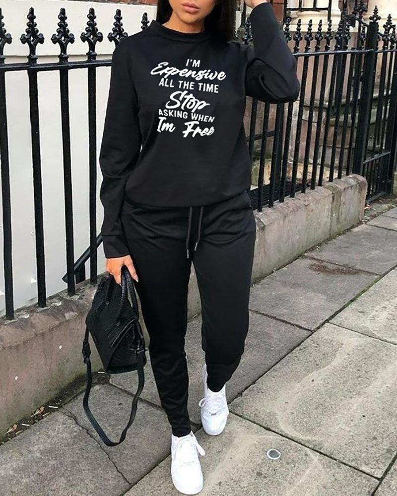 

Letter Print Sweatshirt & Pocket Design Drawstring Pants Set, Black