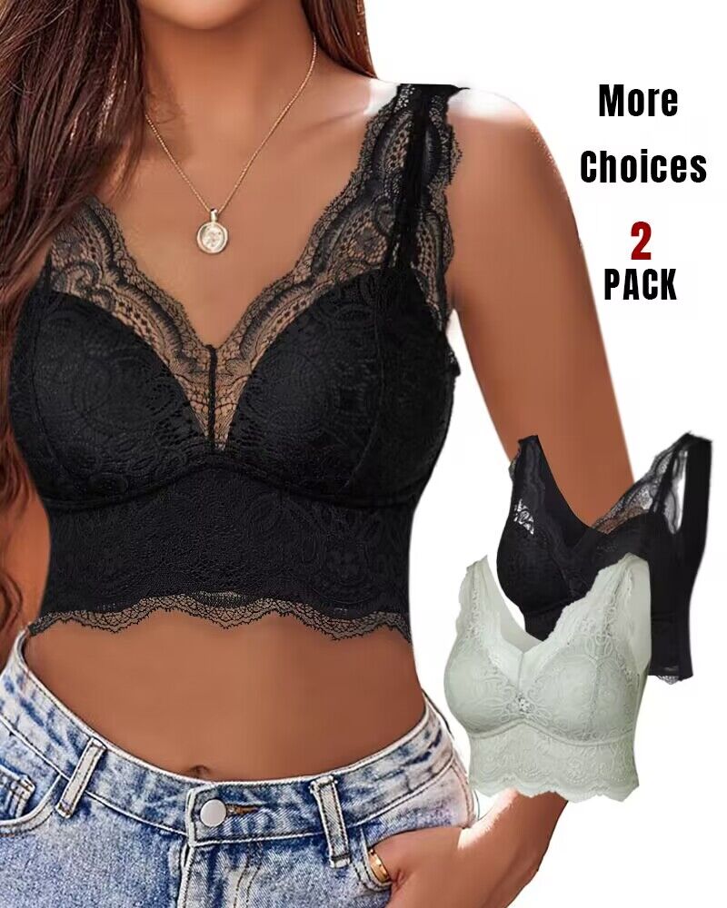 

Lot de 2 camisoles bralette en dentelle à bordure festonnée et col en V, Style1