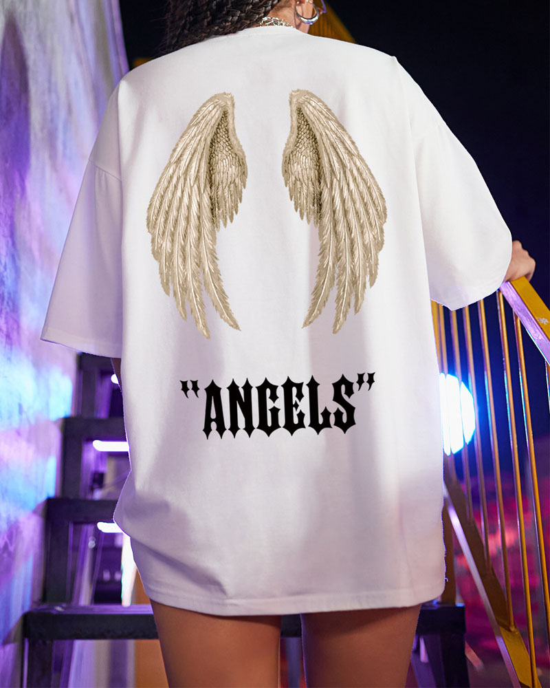 

Angel Wings Letter Print Casual T-shirt Oversized Graphic Tee, White