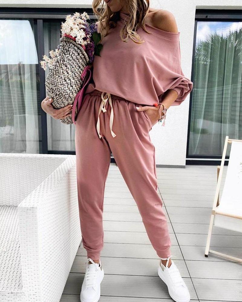 

Batwing Sleeve Casual Top & Drawstring Pants Set, Pink
