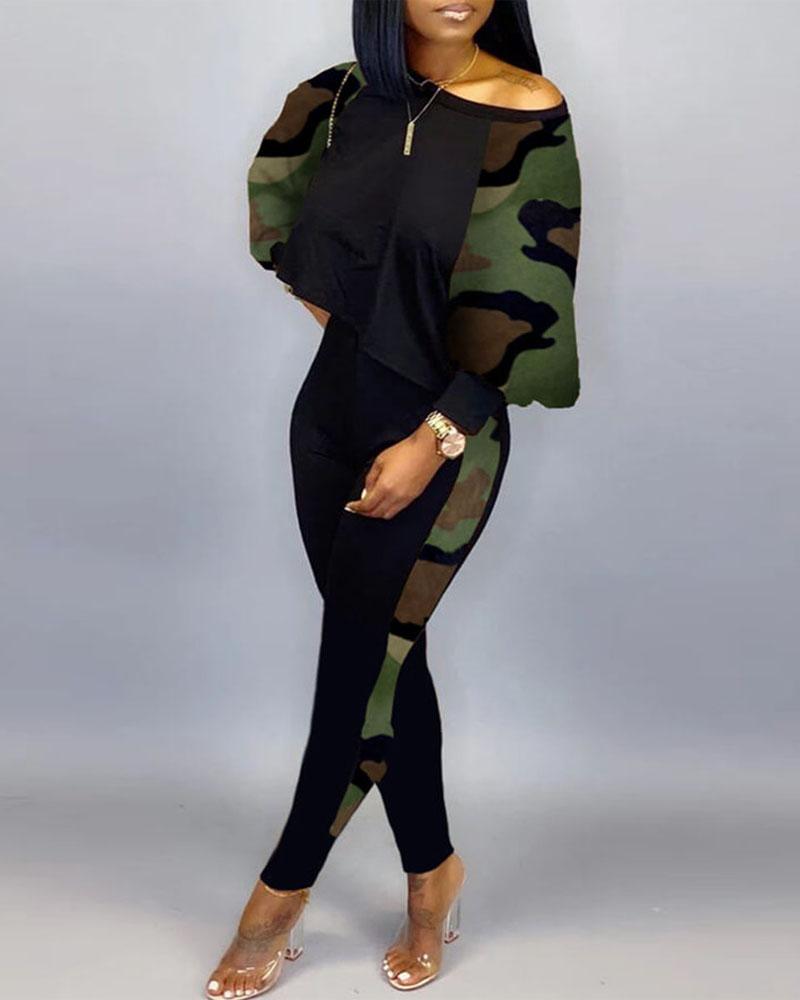 

Camouflage Print Long Sleeve Top & Pants Set, Black