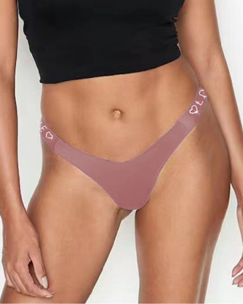 

Rhinestone Letter Heart Breathable Thong Panty, Pink