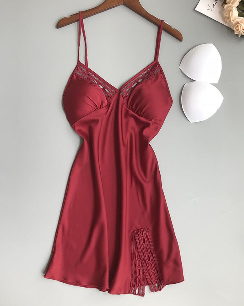 

Lace Hollow Out Satin Padded Babydoll, Wine red