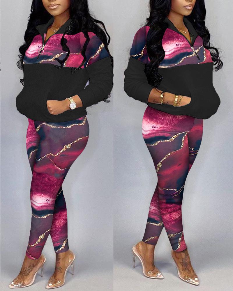 

Marble Print Zipper Front Top & Pants Set, Black