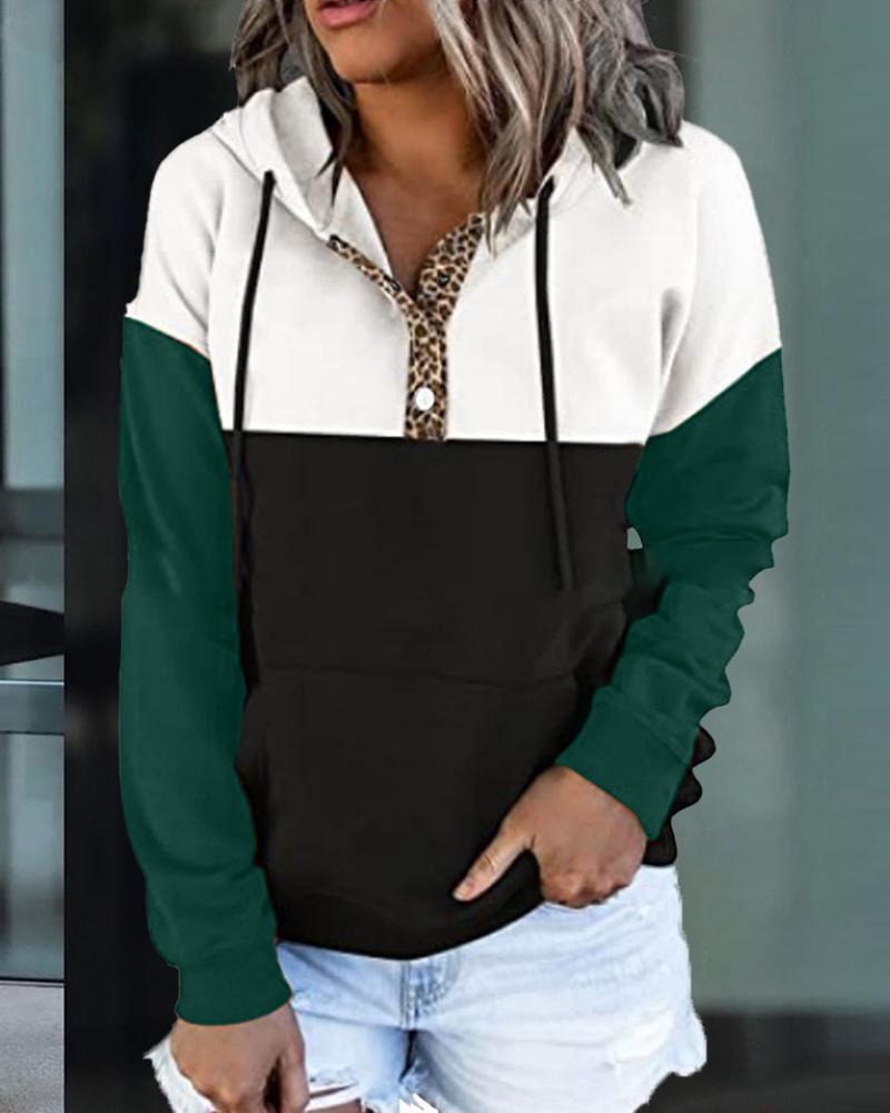 

Color Block Long Sleeve Button Front Drawstring Hoodie, Leopard