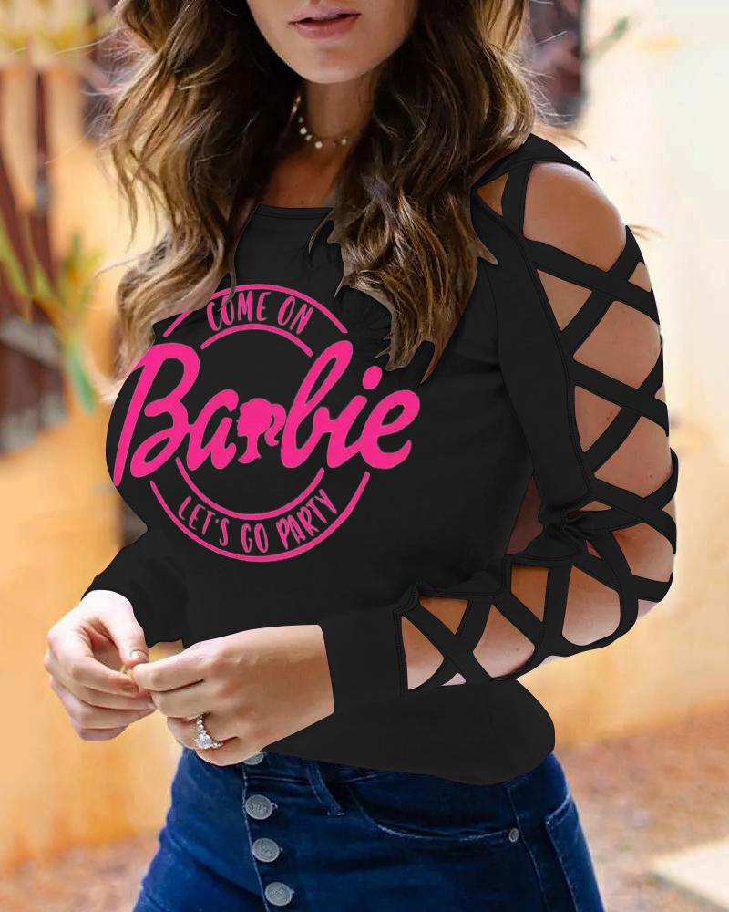 

Come On Barbie Let' Go Party Print Criss Cross Long Sleeve Top, Black